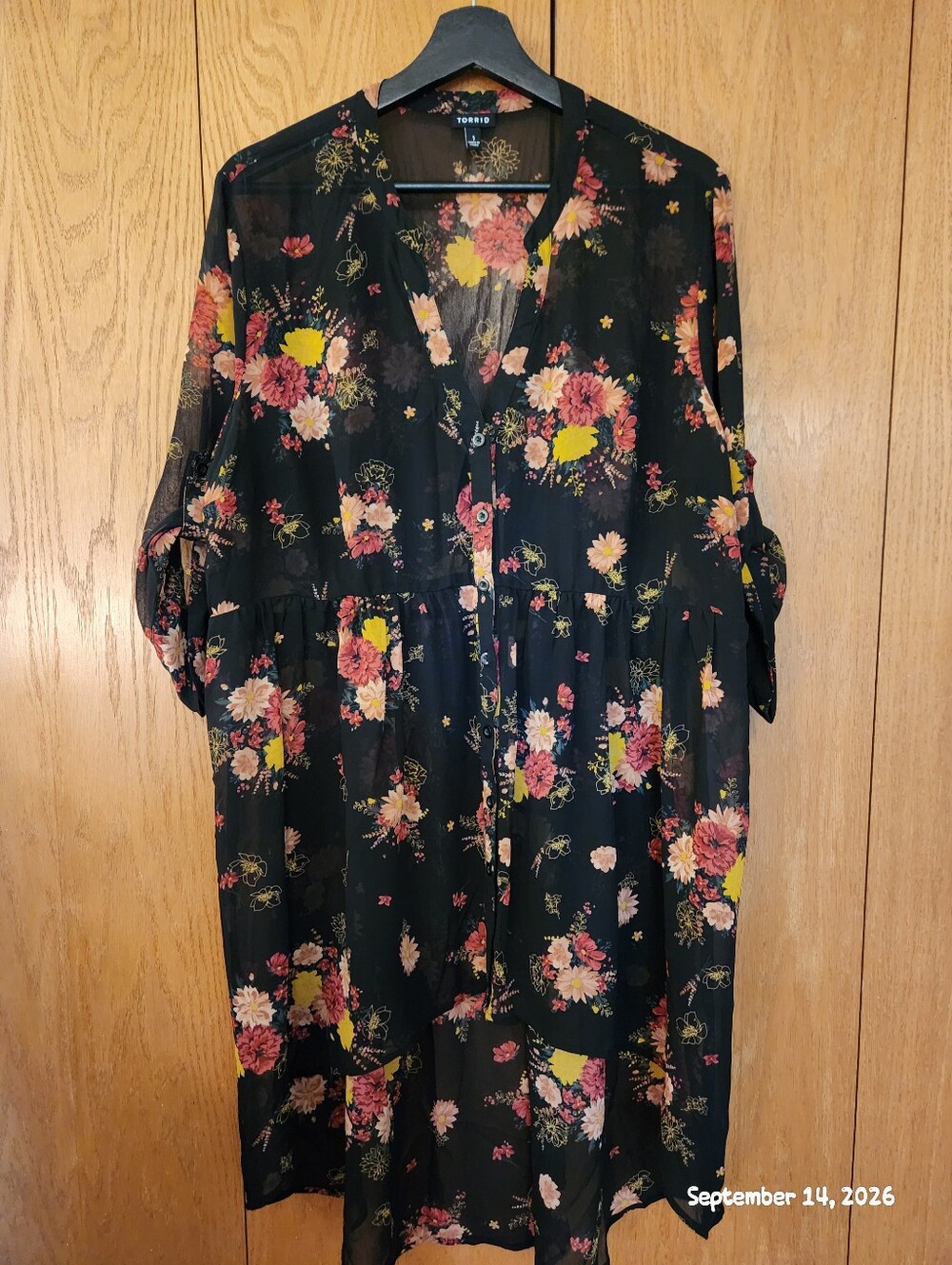 torrid Black Sheer Floral Button-Front Tunic with Pink and Yellow Blooms